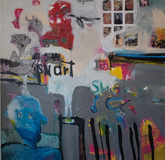 An abstract acrylic painting on canvas featuring various colors and text, with a figure seated in the foreground.