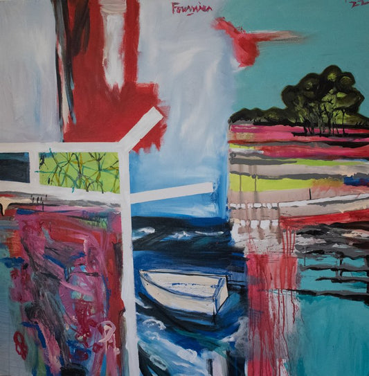 An abstract acrylic painting on canvas featuring a boat and a shack with vibrant colors and a turbulent sea.
