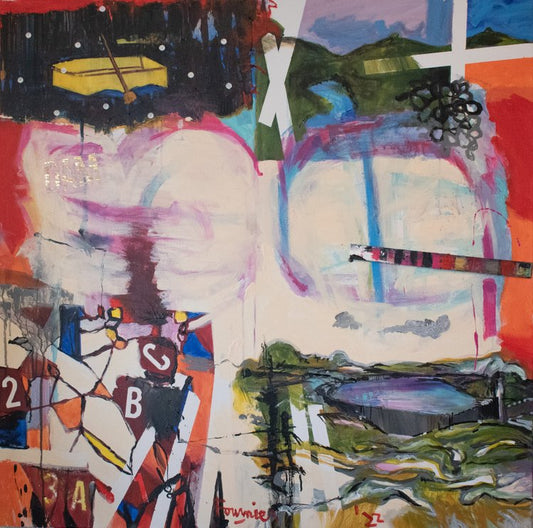 An abstract acrylic on canvas painting featuring various colors and geometric patterns.