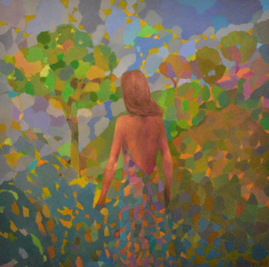 An abstract oil painting on canvas featuring a woman observed from behind in a colorful, pattern-filled landscape.
