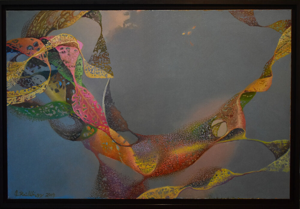 An abstract oil painting on canvas featuring a variety of colors in a loose, fluid composition  with natural elements