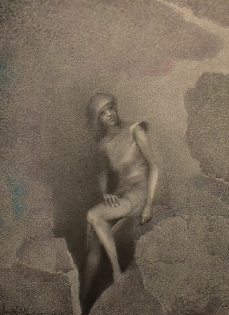 Acrylic/graphite work featuring a woman sitting on a rocky structure