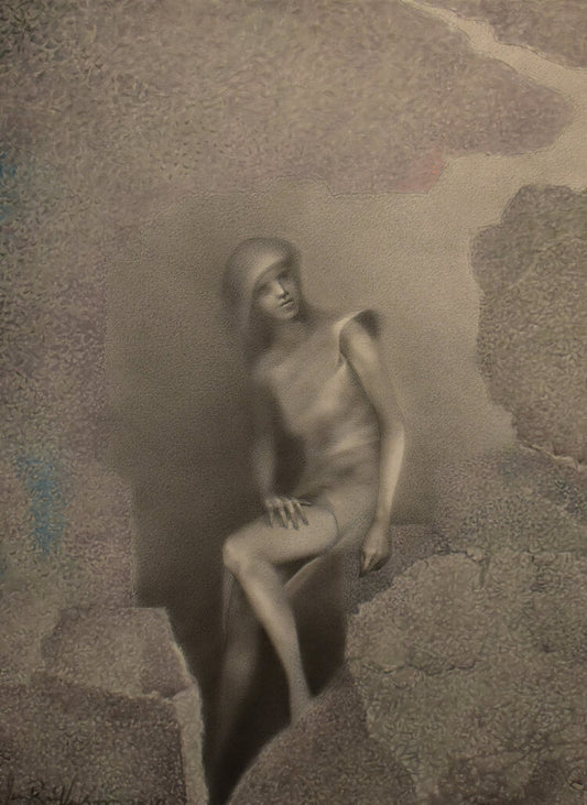 Acrylic/graphite work featuring a woman sitting on a rocky structure