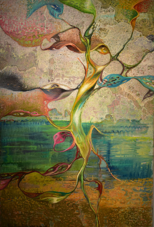An abstract painting featuring a fountain with multiple branches and a blurred background.