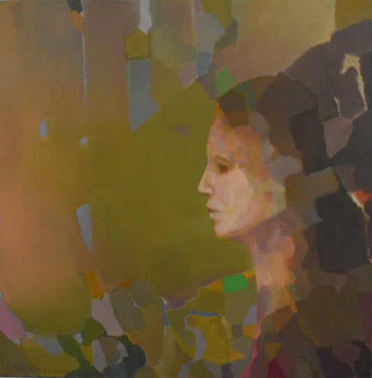An abstract portrait of a face, depicted in a blend of warm and cool colors on a green background.