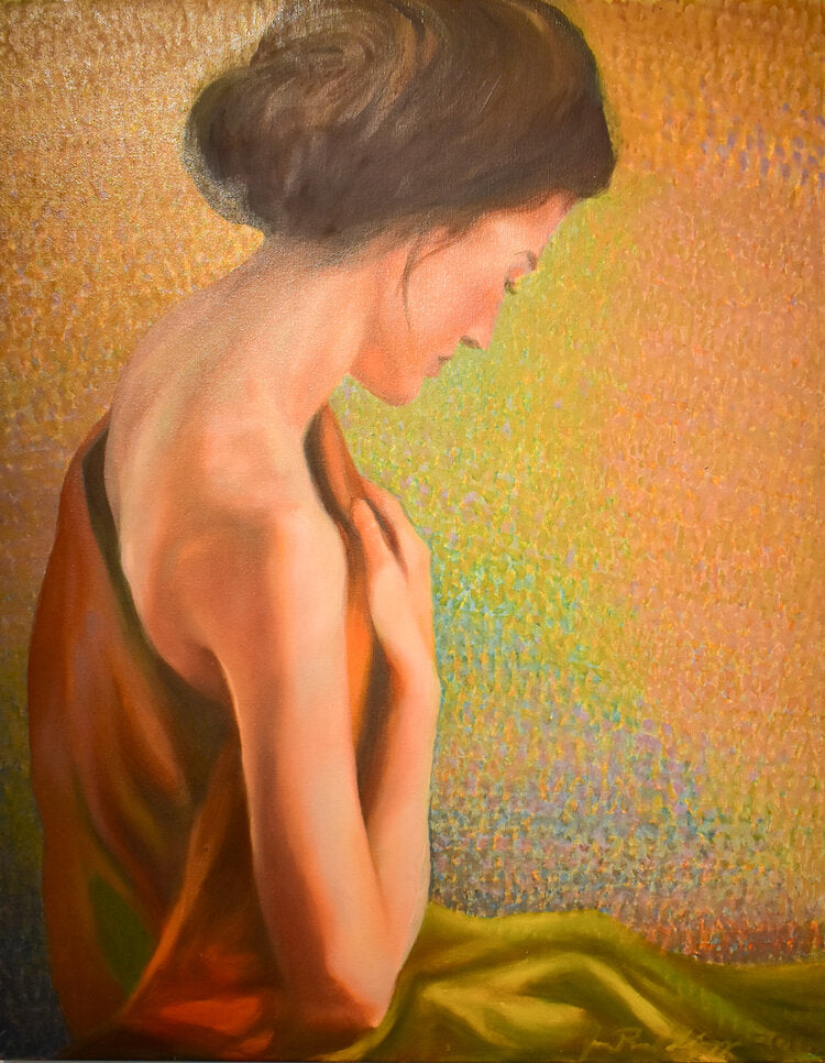 An oil on canvas painting featuring the back view of a woman with a contemplative expression, set against a warm-toned background.