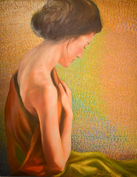 An oil on canvas painting featuring the back view of a woman with a contemplative expression, set against a warm-toned background.