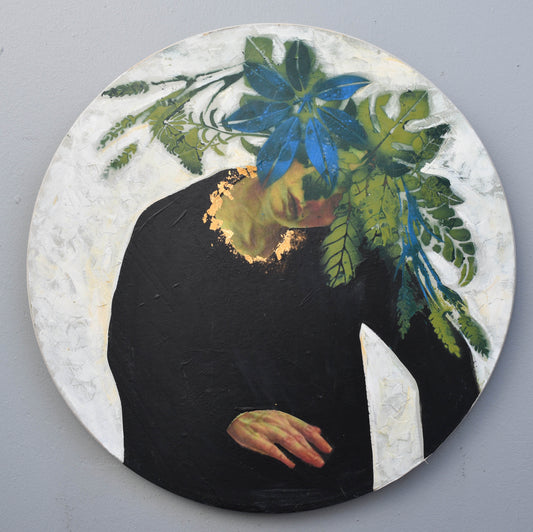 Circular artwork with a black figure surrounded by green leaves and blue flowers on a gray background