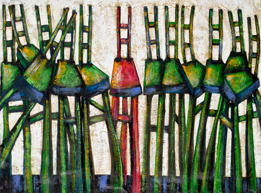 An abstract painting featuring a series of long structures in green, red, and blue on a white background.