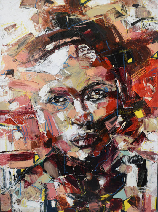 An abstract multicolored oil painting on canvas featuring a distorted face.
