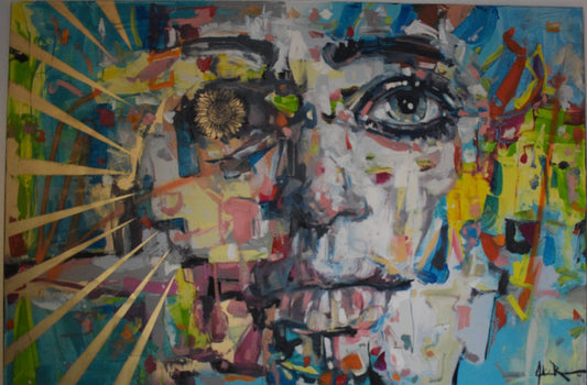 Colorful abstract painting of a woman's face with natural elements.
