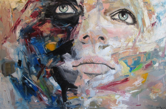 An abstract oil painting on canvas featuring a close-up of a face with blue eyes, surrounded by a colorful mess of paint.