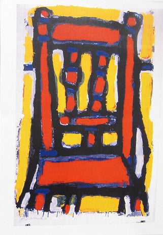 A colorful abstract painting of a chair with a red seat and backrest, yellow and blue details, on a white background.