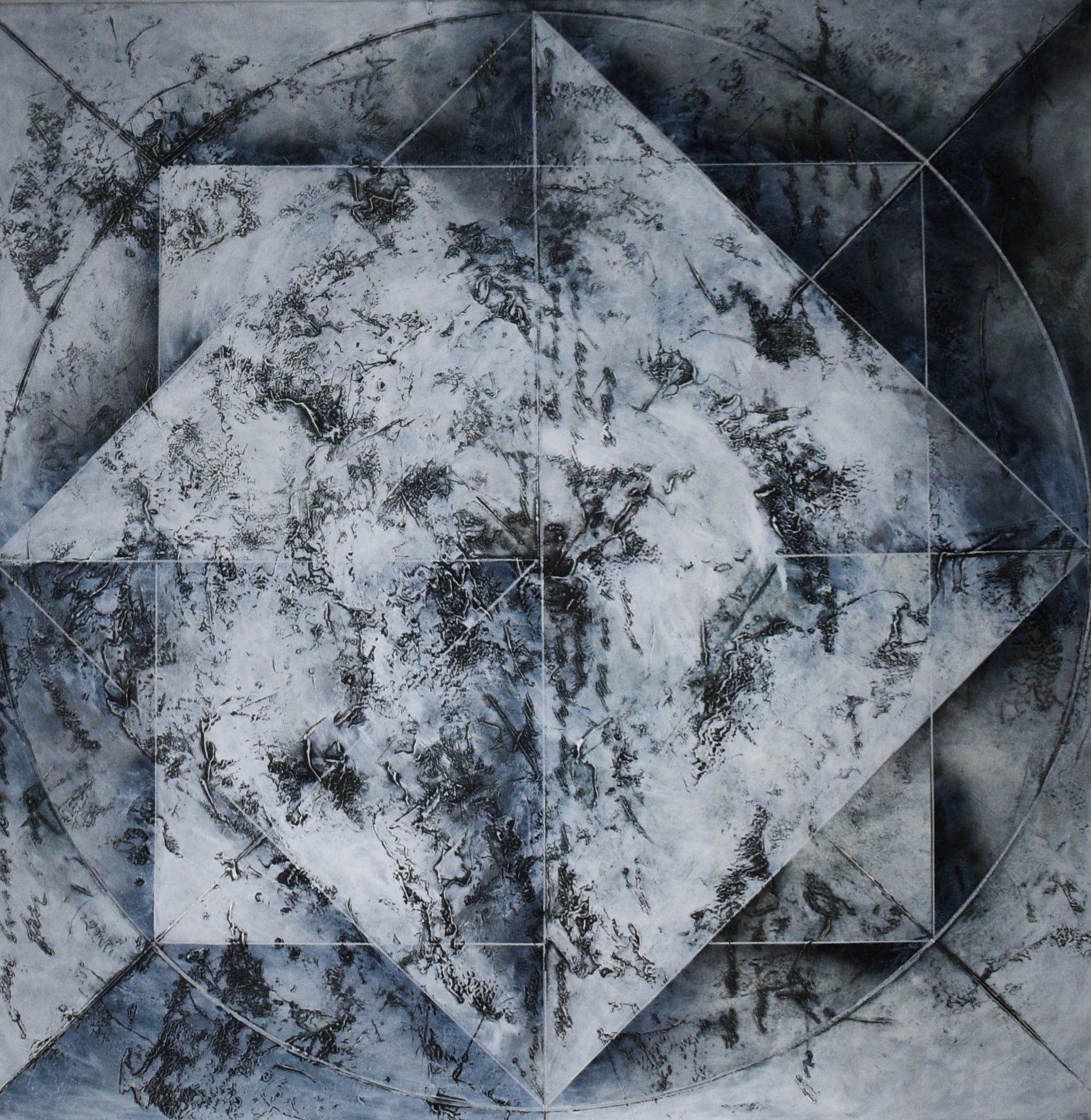 Abstract oil painting made of geometric shapes and geometric patterns in cool grey and black hues.