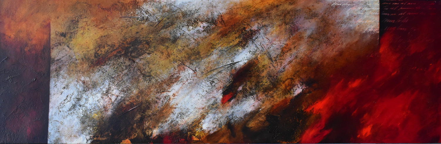 An abstract oil painting on canvas featuring a blend of warm and cool colors.