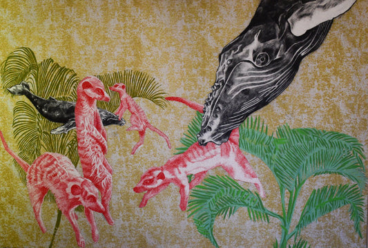Acrylic on canvas painting featuring a whale and various animals and plants in a tropical setting.