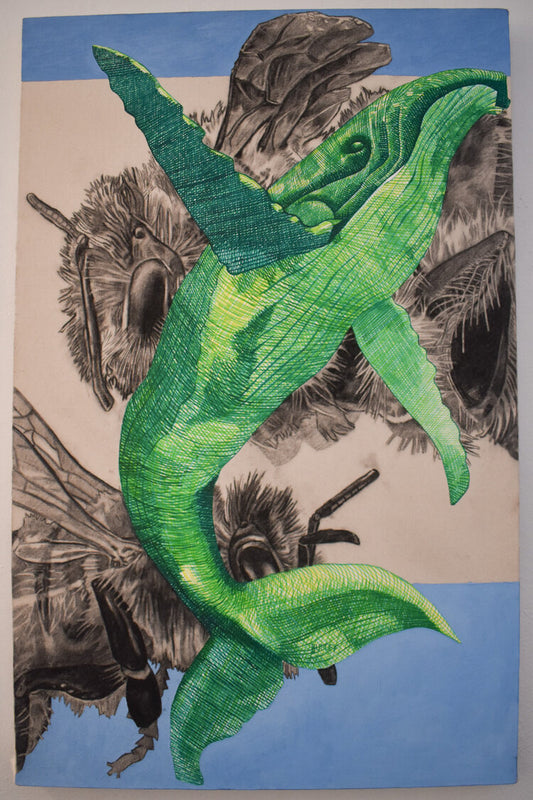 A canvas mixed media work featuring a stylized whale with green and beige tones, surrounded by smaller bee illustrations.