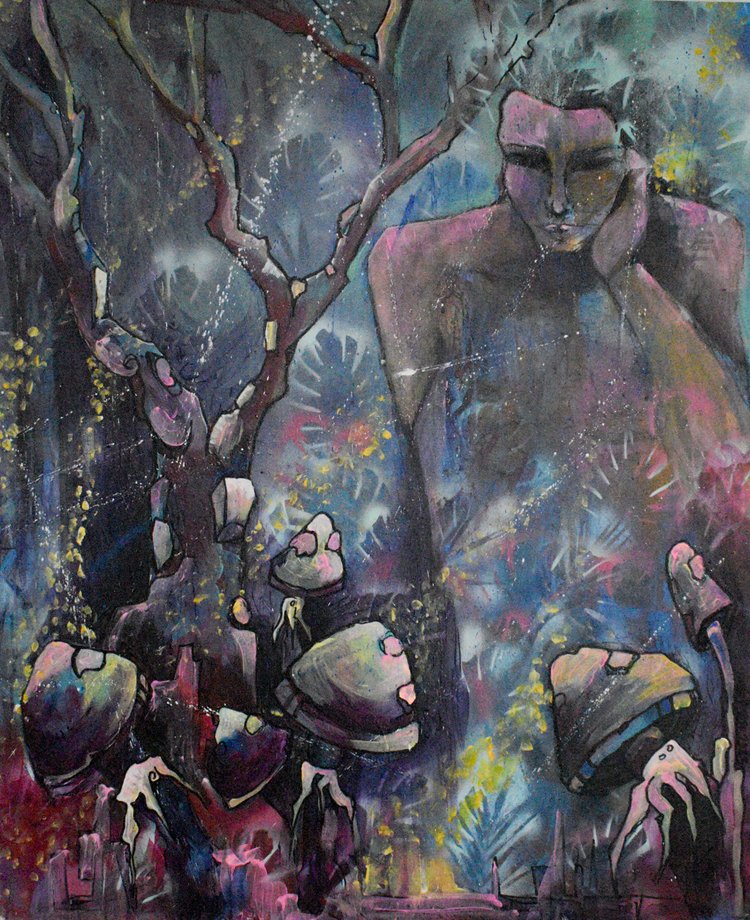 A vibrant mixed media painting featuring a figure with a contemplative expression, surrounded by abstract and natural elements.