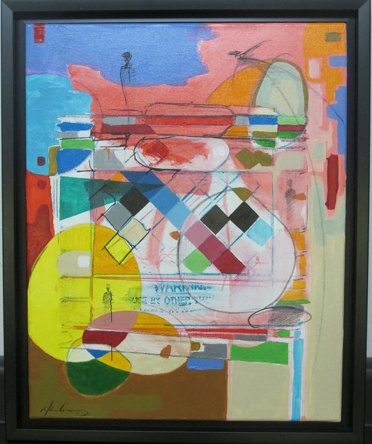 An original acrylic painting on canvas, multicolored with geometric and abstract patterns, framed in a black frame.