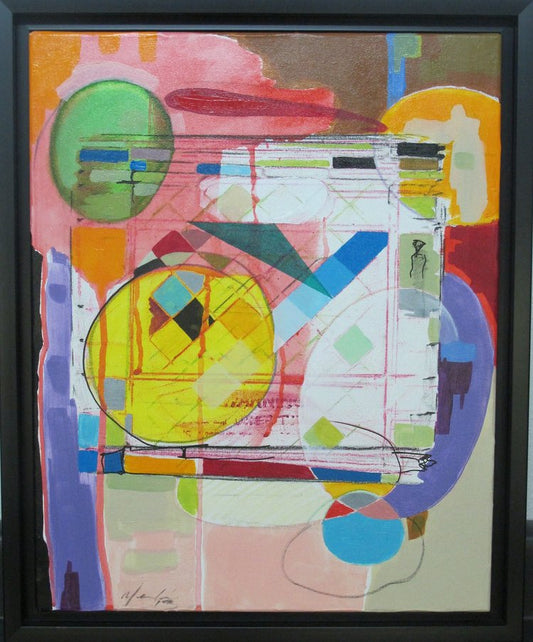 Abstract acrylic painting on canvas, multicolored with geometric patterns.