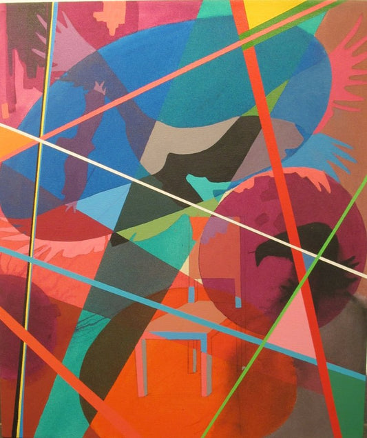 Abstract acrylic painting on canvas featuring a variety of colors including blue, red, green, and beige, with geometric and organic shapes.