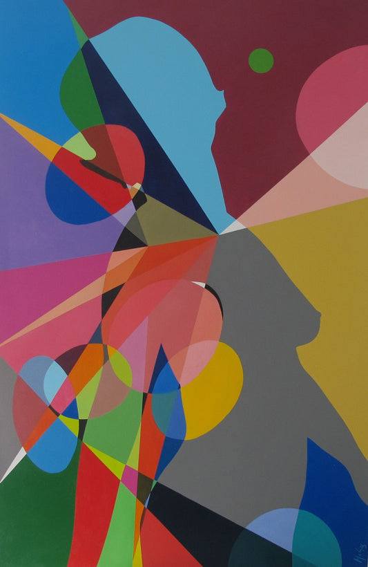 Abstract painting featuring a stylized, geometric figure of a woman with multiple colors 