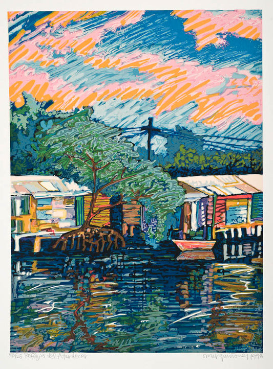 A colorful serigraph featuring water reflections and houses.
