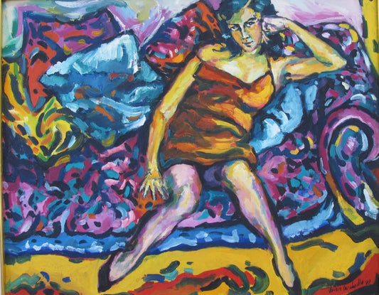 A vibrant and colorful oil painting on canvas depicting a woman seated on a sofa with a book.