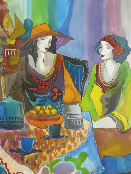 A watercolor painting featuring two stylized female figures seated at a table with a fruit bowl, cups, and a teapot, with vibrant colorful backgrounds.
