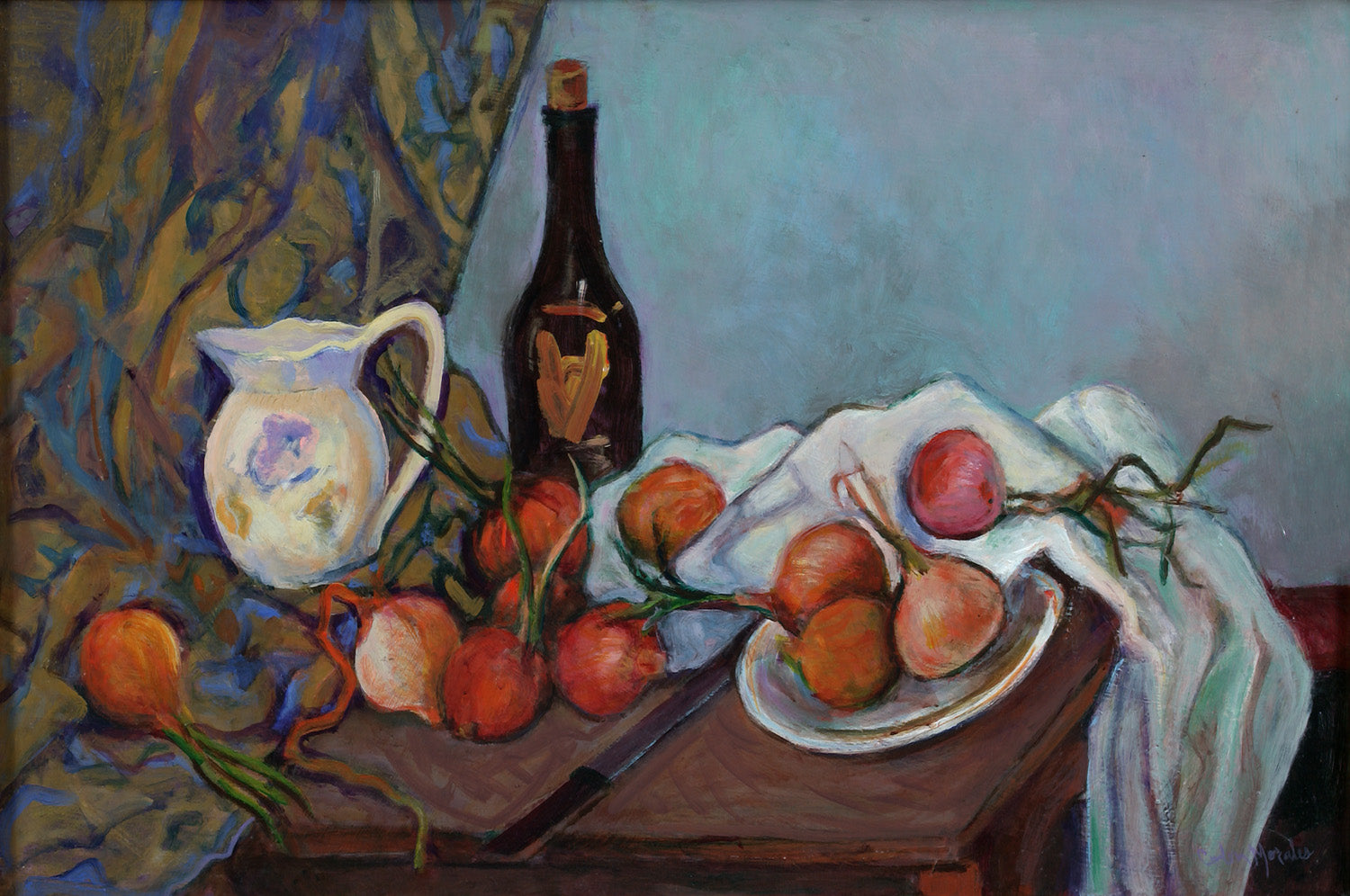 A painting depicting a still life arrangement with a bottle, vase, and apples on a table against a blue background.