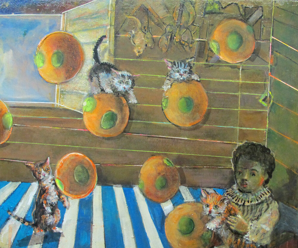Painting showing a child playing with a group of cats indoors 