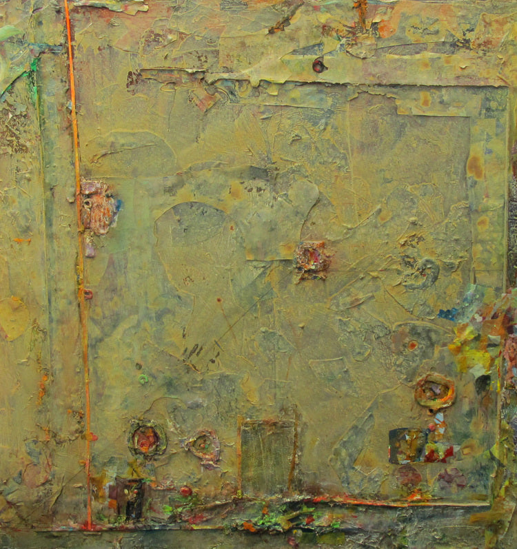 Abstract mixed media artwork featuring various colors and textures.