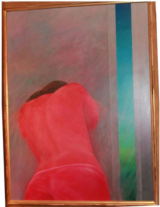 Acrylic painting depicting a feminine figure, rendered in vibrant shades of red and orange with cooler blue tones, expressing a sense of frustration or emotional turmoil.
