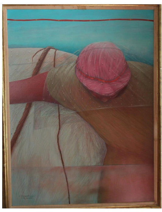 Painting featuring a laborer with a pink hat resting on a bundle of goods, set against a blue background.
