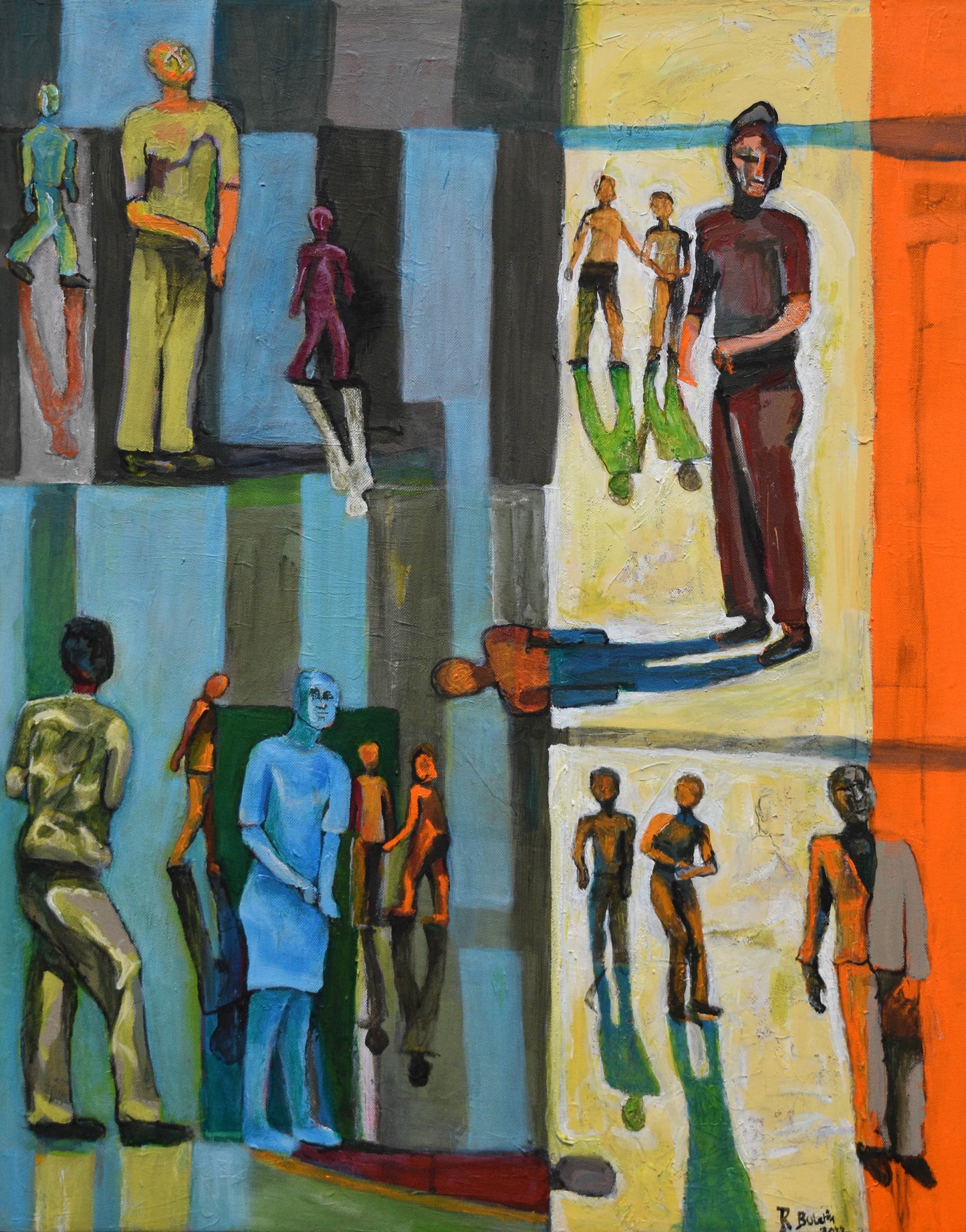 Abstract artwork with colorful human figures and geometric shapes
