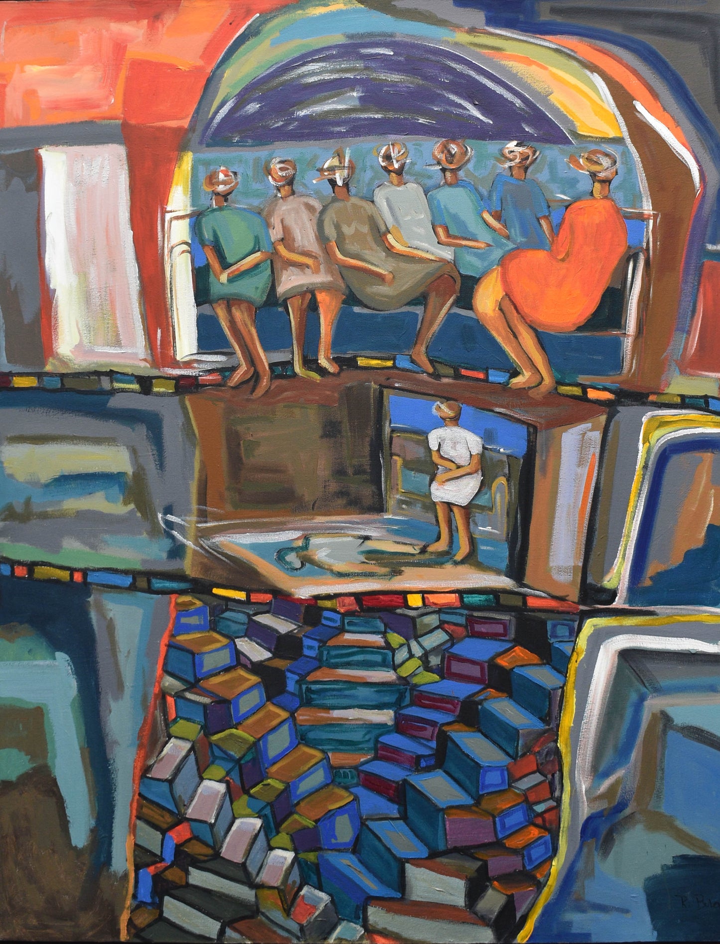 Colorful abstract painting of people in a room with structure made of books.