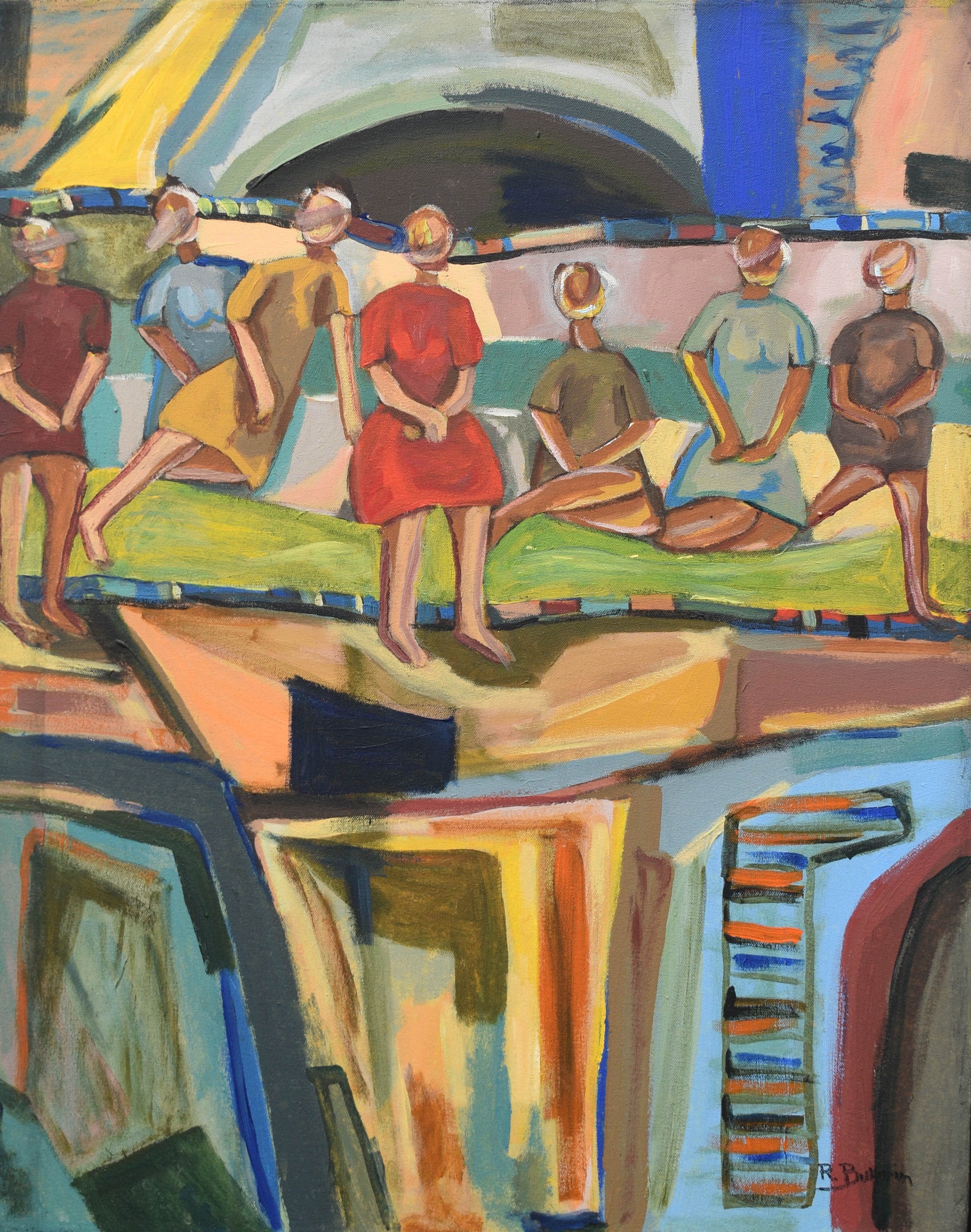 Colorful painting of women sitting together with abstract elements