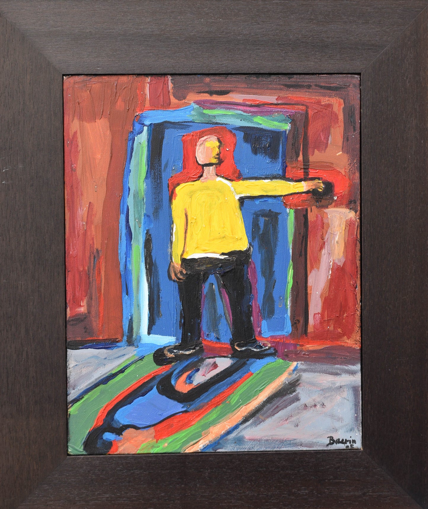 Colorful abstract painting of a person in a yellow shirt entering a room