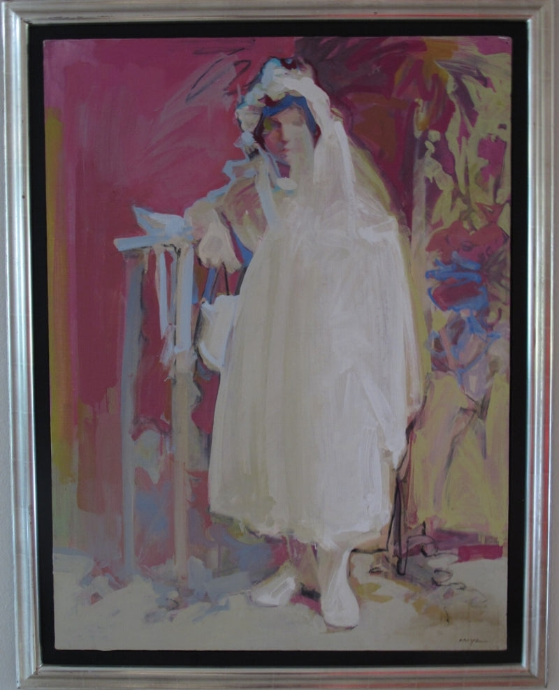 Painting depicting a young girl facing the expectator while wearing white clothing with a religious style.