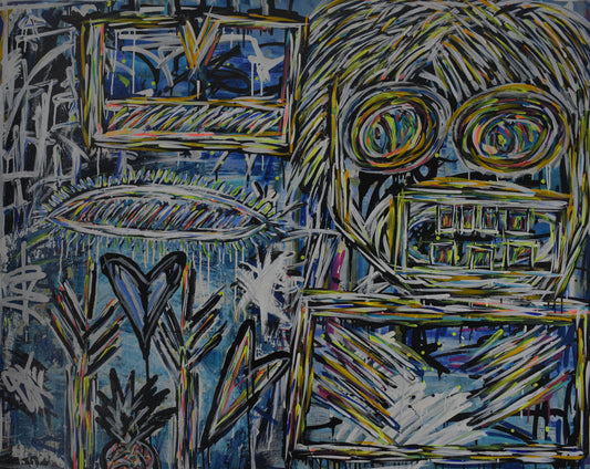 Abstract painting made up of colorful lines, simulating a female figure inside a house